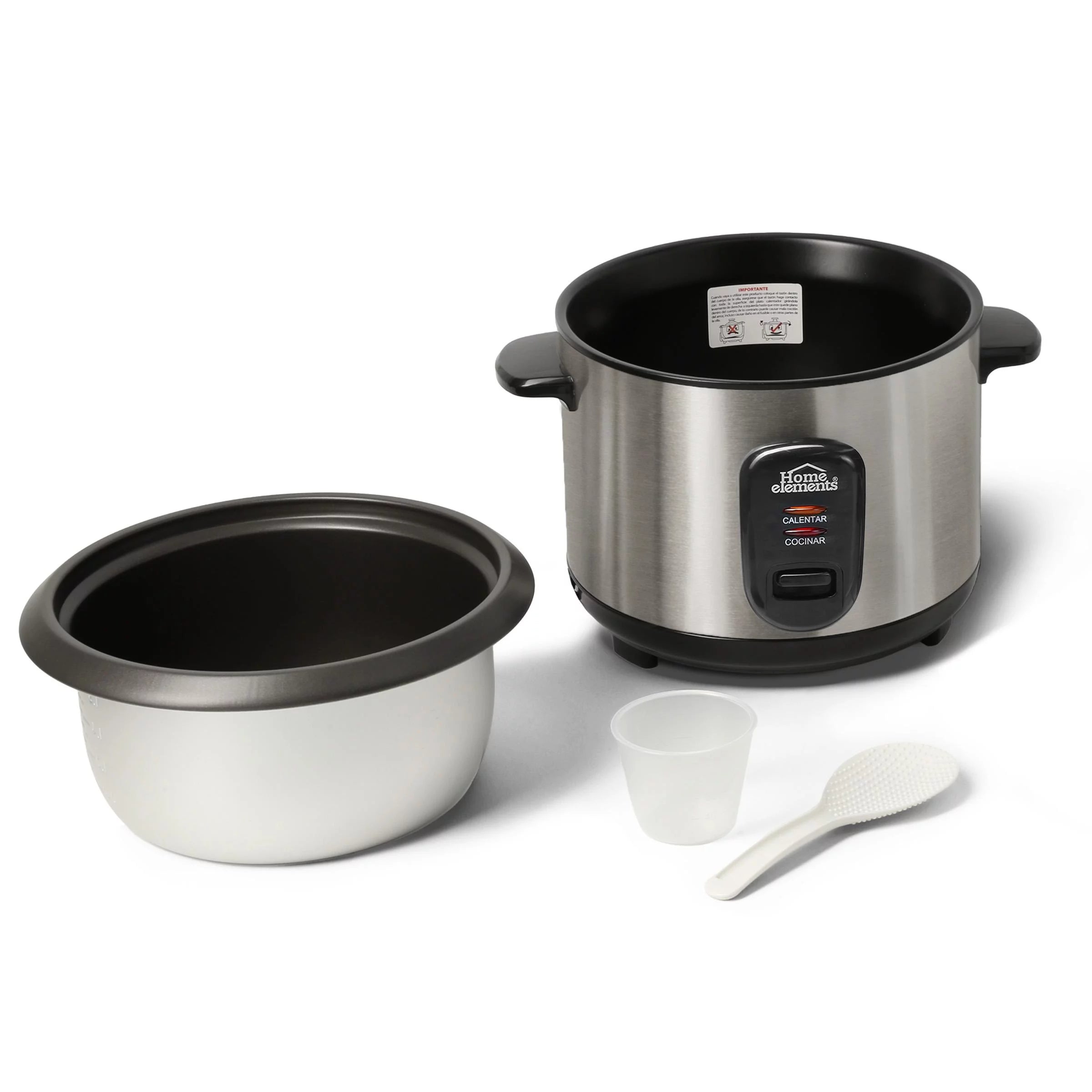 Olla Arrocera Home Elements de 1 litro en acero inoxidable con recipiente antiadherente y tapa de vidrio.