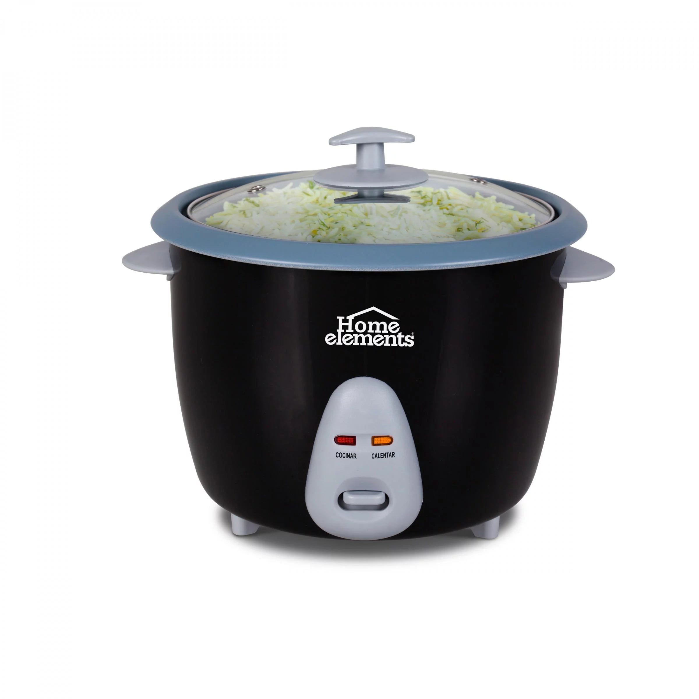 Olla Arrocera Home Elements de 0.6 litros en color negro con tapa de vidrio, recipiente antiadherente, cuchara plástica y taza medidora.