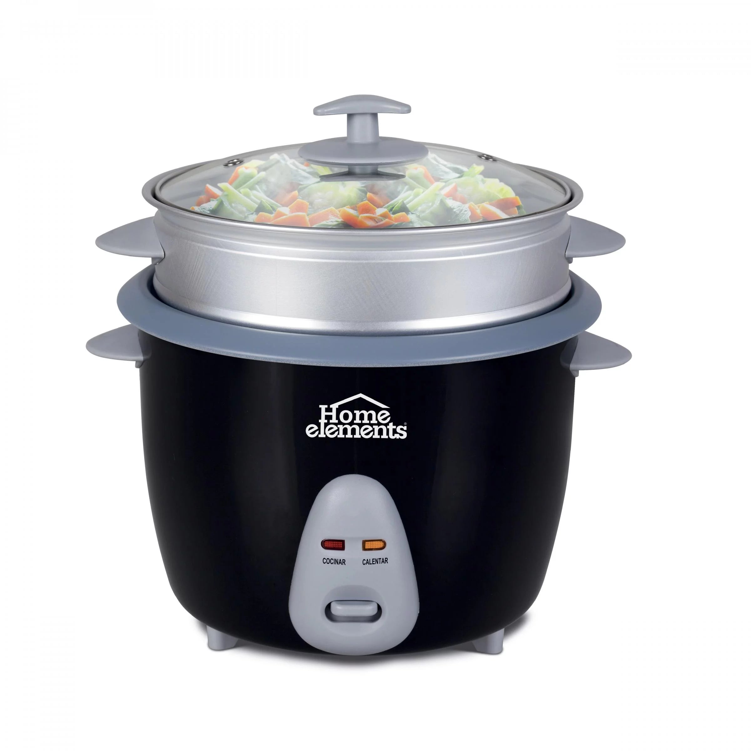 Olla Arrocera Home Elements de 1.8 litros en color negro con vaporera externa, recipiente antiadherente y tapa de vidrio.