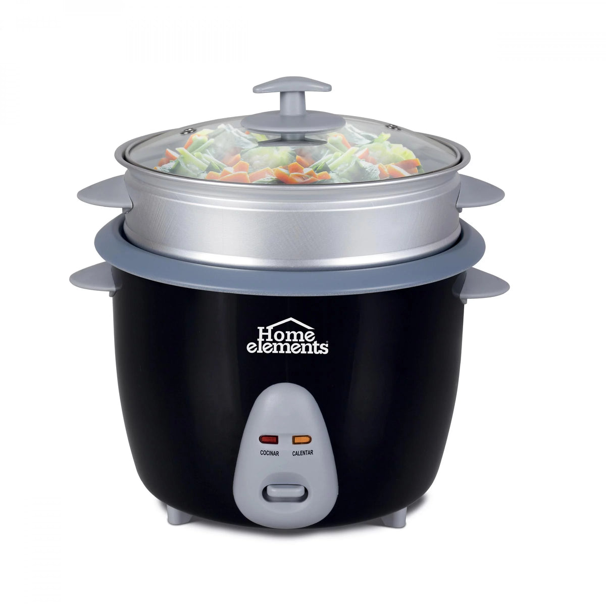 Olla Arrocera Home Elements de 1.8 litros en color negro con vaporera externa, recipiente antiadherente y tapa de vidrio.