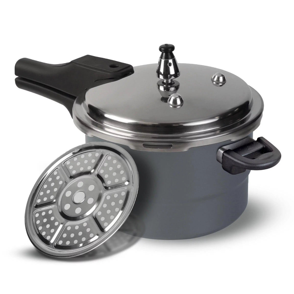 Olla a presión anodizada de 5.6 litros Home Elements, con sistemas avanzados de seguridad, cuerpo resistente a altas temperaturas y diseño de lujo, ideal para cocción rápida y saludable.