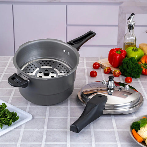 Olla a presión anodizada de 5.6 litros Home Elements, con sistemas avanzados de seguridad, cuerpo resistente a altas temperaturas y diseño de lujo, ideal para cocción rápida y saludable.