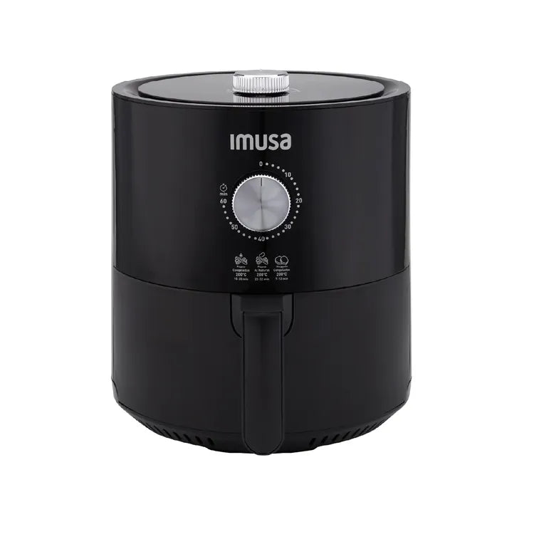 Freidora de Aire IMUSA Mecánica de 4 litros con temporizador de 60 minutos, temperatura ajustable hasta 200°C y potencia de 1445 Watts para cocciones saludables y rápidas.