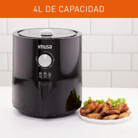 Freidora de Aire IMUSA Mecánica de 4 litros con temporizador de 60 minutos, temperatura ajustable hasta 200°C y potencia de 1445 Watts para cocciones saludables y rápidas.