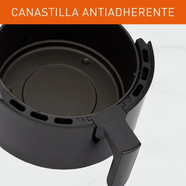 Freidora de Aire IMUSA Mecánica de 4 litros con temporizador de 60 minutos, temperatura ajustable hasta 200°C y potencia de 1445 Watts para cocciones saludables y rápidas.