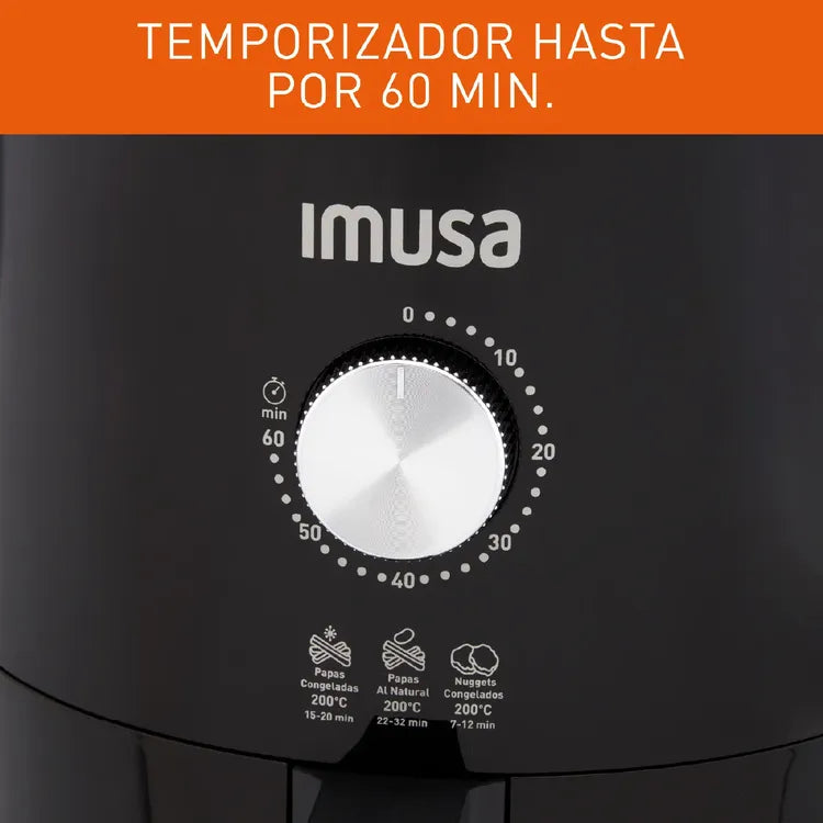 Freidora de Aire IMUSA Mecánica de 4 litros con temporizador de 60 minutos, temperatura ajustable hasta 200°C y potencia de 1445 Watts para cocciones saludables y rápidas.