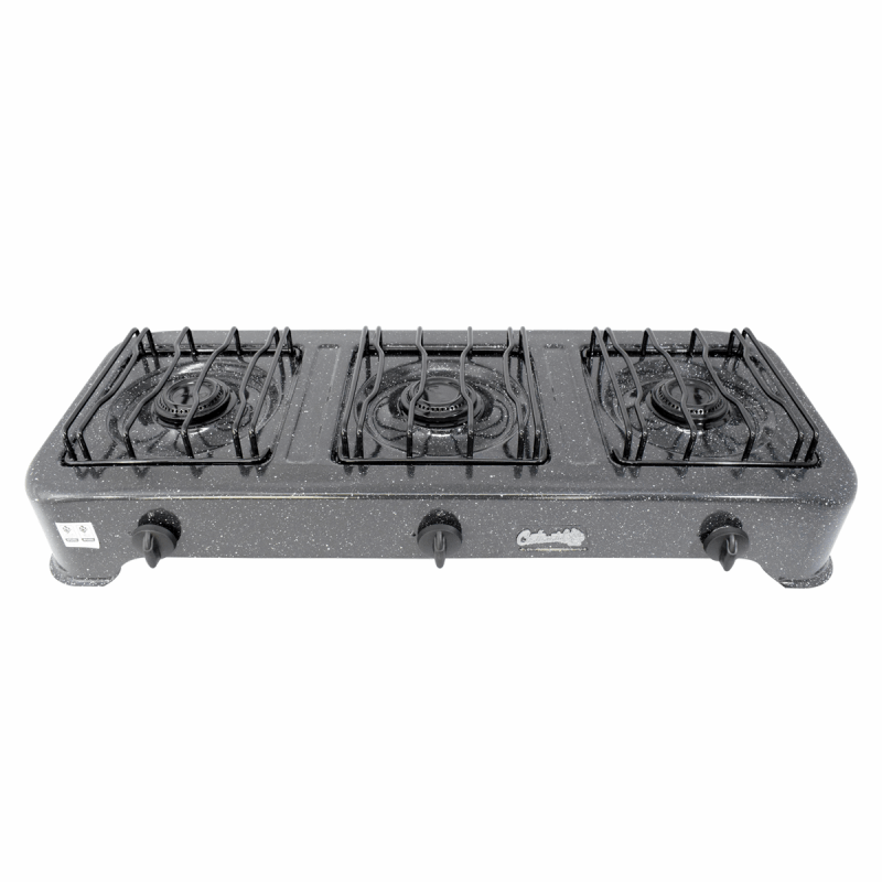 Estufa a Gas Económica, diseño resistente con tres fogones, parrillas tipo hilo y porcelanizado de alta calidad, ideal para uso doméstico.