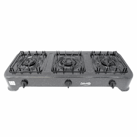 Estufa a Gas Económica, diseño resistente con tres fogones, parrillas tipo hilo y porcelanizado de alta calidad, ideal para uso doméstico.