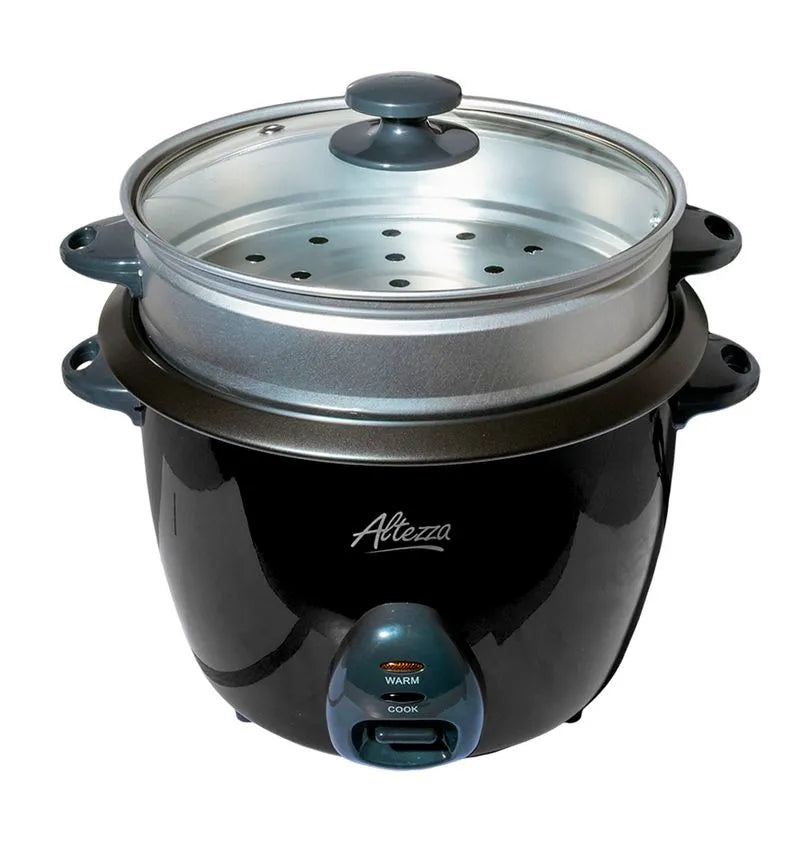 Olla arrocera Altezza negra de 1.8 L con vaporera, tapa de vidrio, recubrimiento antiadherente y función de cocción a vapor.