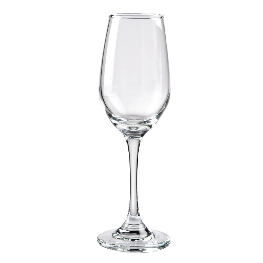 Copa de champaña Brunello de 225 ml con diseño tipo flauta, ideal para conservar la efervescencia y aromas de los espumantes en tus celebraciones.
