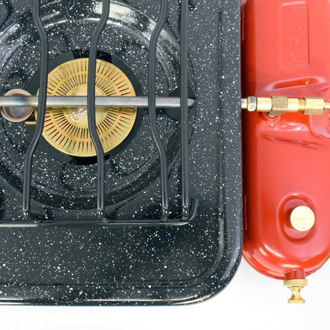 Estufa de Gasolina Continental de 2 puestos, diseño durable con tanque de 0,75 litros y pintura porcelanizada resistente, ideal para uso prolongado.