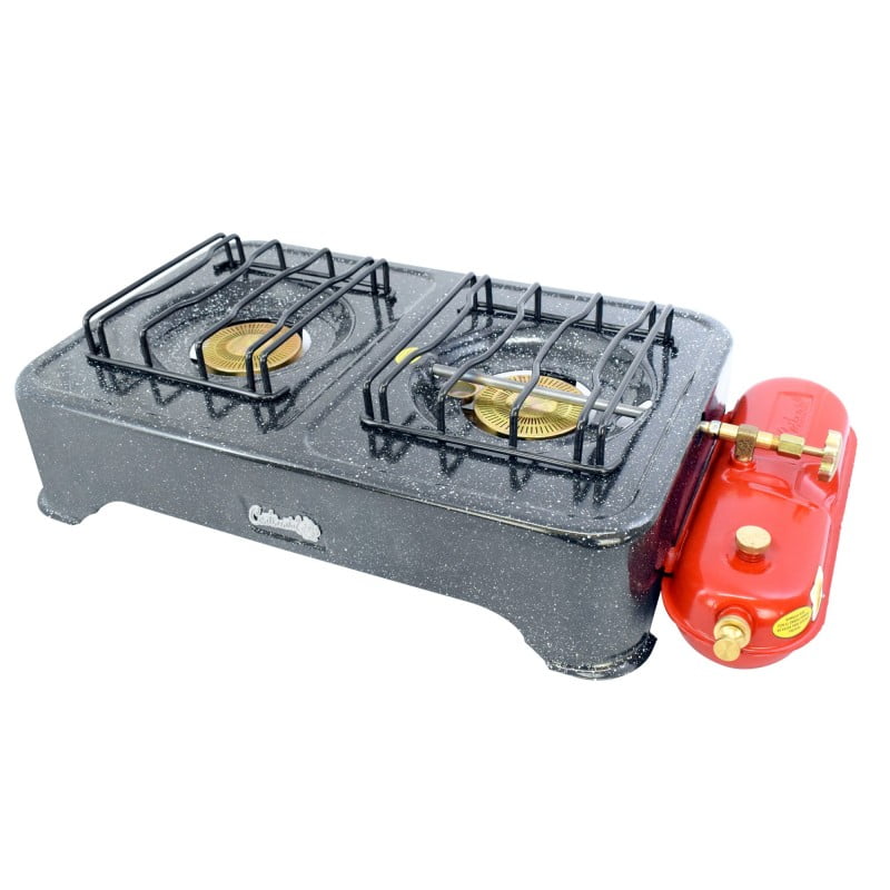 Estufa de Gasolina Continental de 2 puestos, diseño durable con tanque de 0,75 litros y pintura porcelanizada resistente, ideal para uso prolongado.