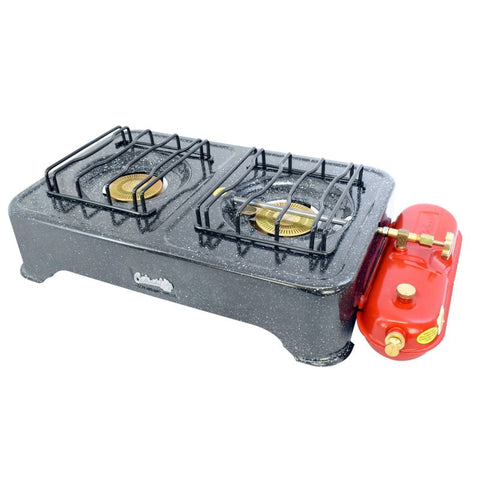 Estufa de Gasolina Continental de 2 puestos, diseño durable con tanque de 0,75 litros y pintura porcelanizada resistente, ideal para uso prolongado.