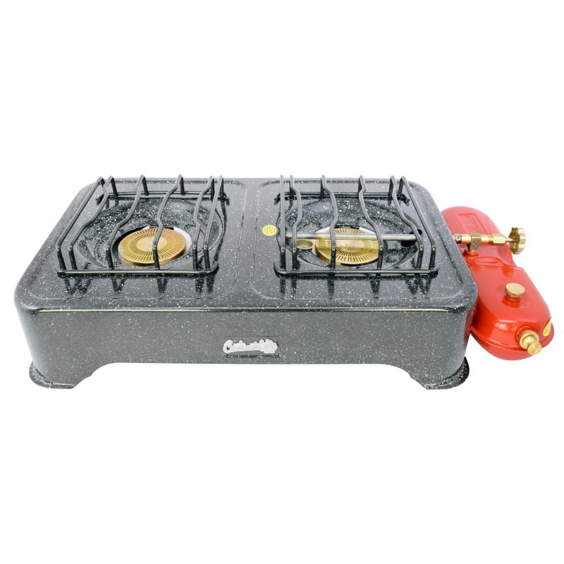 Estufa de Gasolina Continental de 2 puestos, diseño durable con tanque de 0,75 litros y pintura porcelanizada resistente, ideal para uso prolongado.