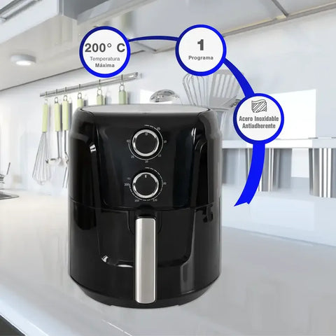 Freidora de Aire KALLEY K-MAF45 de 4,5 litros con temperatura ajustable hasta 200°C, temporizador de 60 minutos, potencia de 1450W, mango frío al tacto y cesta antiadherente, ideal para grandes porciones.