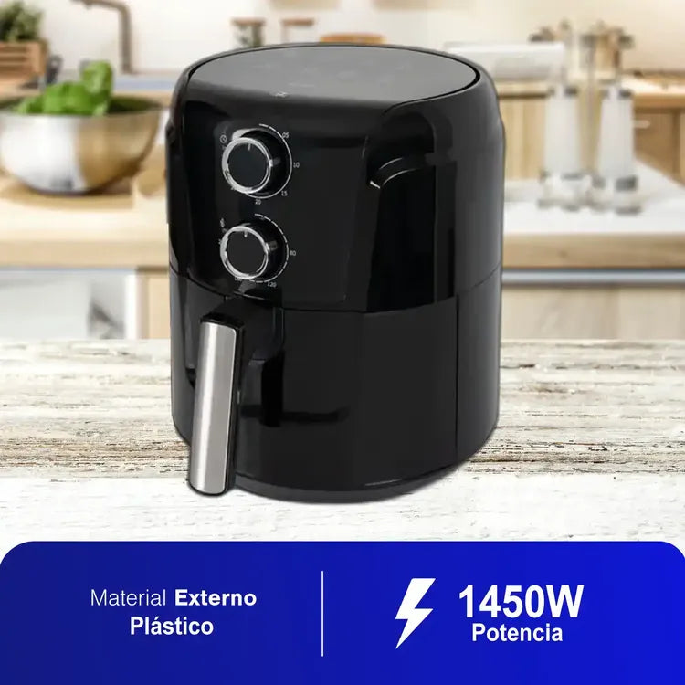 Freidora de Aire KALLEY K-MAF45 de 4,5 litros con temperatura ajustable hasta 200°C, temporizador de 60 minutos, potencia de 1450W, mango frío al tacto y cesta antiadherente, ideal para grandes porciones.