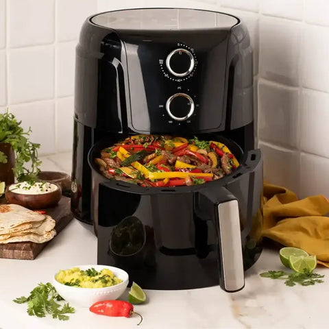 Freidora de Aire KALLEY K-MAF45 de 4,5 litros con temperatura ajustable hasta 200°C, temporizador de 60 minutos, potencia de 1450W, mango frío al tacto y cesta antiadherente, ideal para grandes porciones.