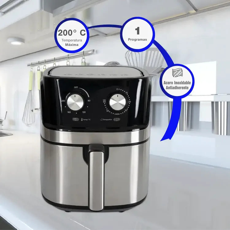 Freidora de Aire KALLEY K-MAF6 de 6.3 litros con tecnología de aire caliente, temperatura ajustable hasta 200°C, temporizador de 60 minutos, cesta antiadherente y mango frío al tacto.