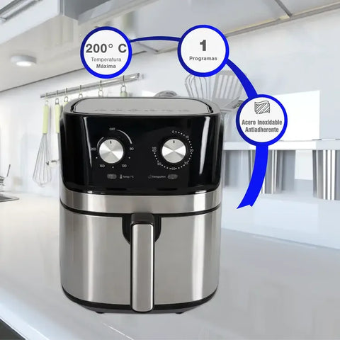 Freidora de Aire KALLEY K-MAF6 de 6.3 litros con tecnología de aire caliente, temperatura ajustable hasta 200°C, temporizador de 60 minutos, cesta antiadherente y mango frío al tacto.