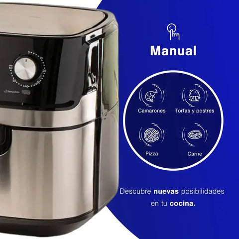 Freidora de Aire KALLEY K-MAF6 de 6.3 litros con tecnología de aire caliente, temperatura ajustable hasta 200°C, temporizador de 60 minutos, cesta antiadherente y mango frío al tacto.