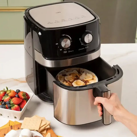 Freidora de Aire KALLEY K-MAF6 de 6.3 litros con tecnología de aire caliente, temperatura ajustable hasta 200°C, temporizador de 60 minutos, cesta antiadherente y mango frío al tacto.