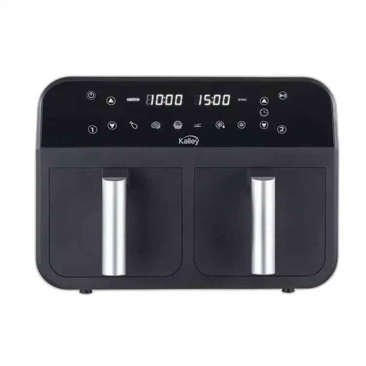 Freidora de Aire Dual KALLEY K-MAFD de 7.6 litros con dos cestas individuales de 3.8 litros, panel digital con 6 funciones preprogramadas, temperatura ajustable hasta 210°C y temporizador de 60 minutos.