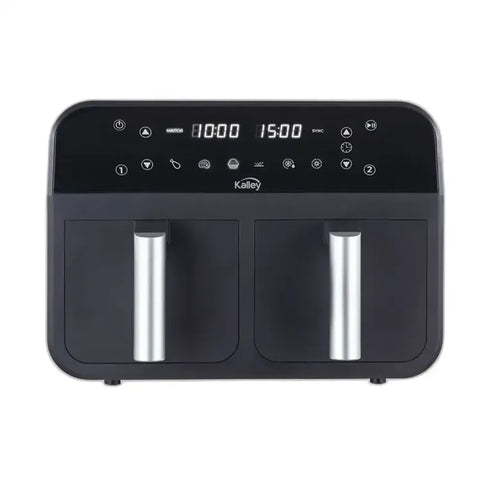 Freidora de Aire Dual KALLEY K-MAFD de 7.6 litros con dos cestas individuales de 3.8 litros, panel digital con 6 funciones preprogramadas, temperatura ajustable hasta 210°C y temporizador de 60 minutos.