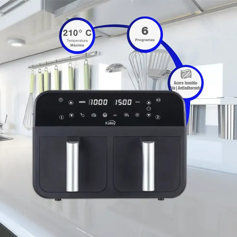 Freidora de Aire Dual KALLEY K-MAFD de 7.6 litros con dos cestas individuales de 3.8 litros, panel digital con 6 funciones preprogramadas, temperatura ajustable hasta 210°C y temporizador de 60 minutos.