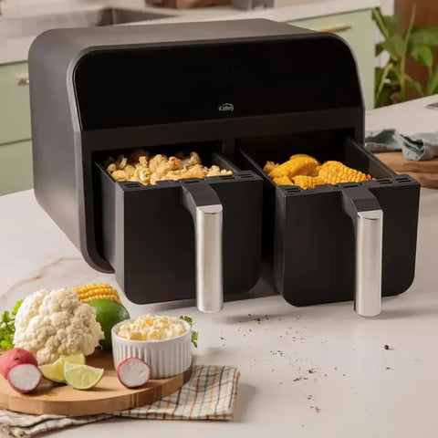 Freidora de Aire Dual KALLEY K-MAFD de 7.6 litros con dos cestas individuales de 3.8 litros, panel digital con 6 funciones preprogramadas, temperatura ajustable hasta 210°C y temporizador de 60 minutos.