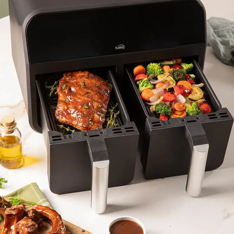 Freidora de Aire Dual KALLEY K-MAFD de 7.6 litros con dos cestas individuales de 3.8 litros, panel digital con 6 funciones preprogramadas, temperatura ajustable hasta 210°C y temporizador de 60 minutos.