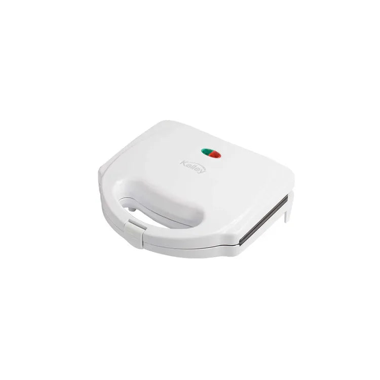 Sanduchera KALLEY Blanca con capacidad para 2 sándwiches y placas antiadherentes fáciles de limpiar.