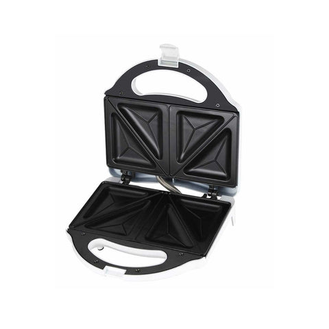 Sanduchera KALLEY Blanca con capacidad para 2 sándwiches y placas antiadherentes fáciles de limpiar.