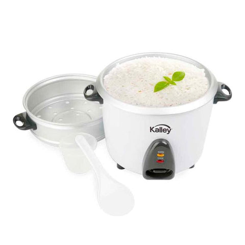 Olla Arrocera KALLEY 10 Tazas blanco, capacidad de 1.8 litros, potencia de 700W, material interno antiadherente, función de mantener caliente y vaporera en aluminio.