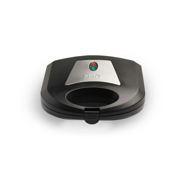 Sanduchera KALLEY Negra con capacidad para 2 sándwiches y placas antiadherentes fáciles de limpiar.