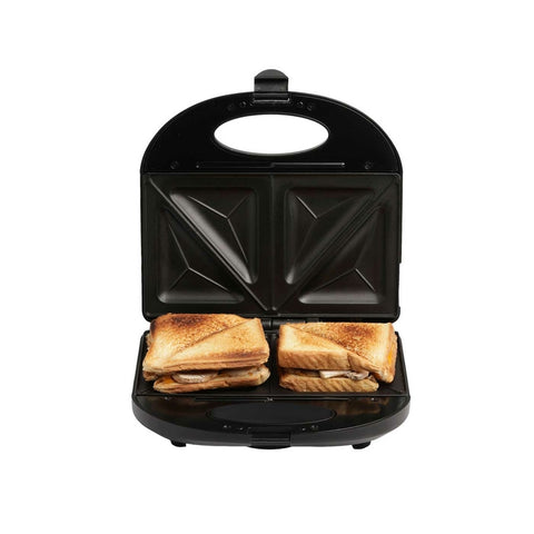 Sanduchera KALLEY Negra con capacidad para 2 sándwiches y placas antiadherentes fáciles de limpiar.