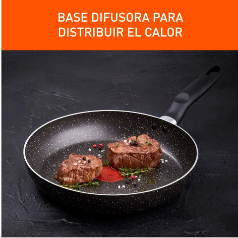 Sartén Cambiatón 90 años 26cm IMUSA, aluminio antiadherente, termo señal, base difusora, mango ergonómico, edición especial aniversario.