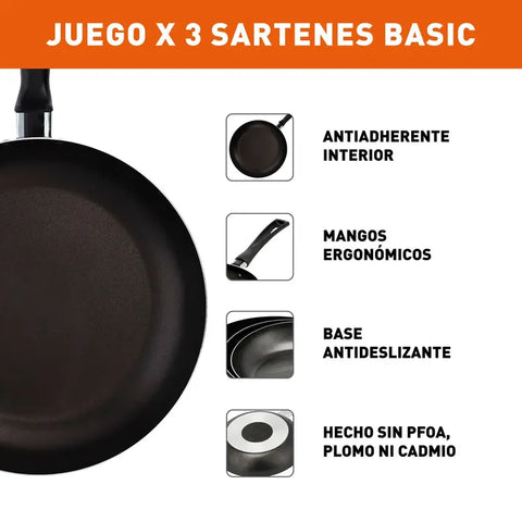 Combo IMUSA 3 Sartenes Antiadherente de 18, 20 y 24 cm, recubrimiento antiadherente Basic y aluminio de alta pureza.