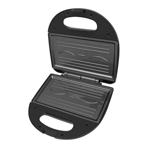 Sanduchera Universal Grill con diseño de sonrisa, placas antiadherentes, cubierta de baquelita y indicadores luminosos.