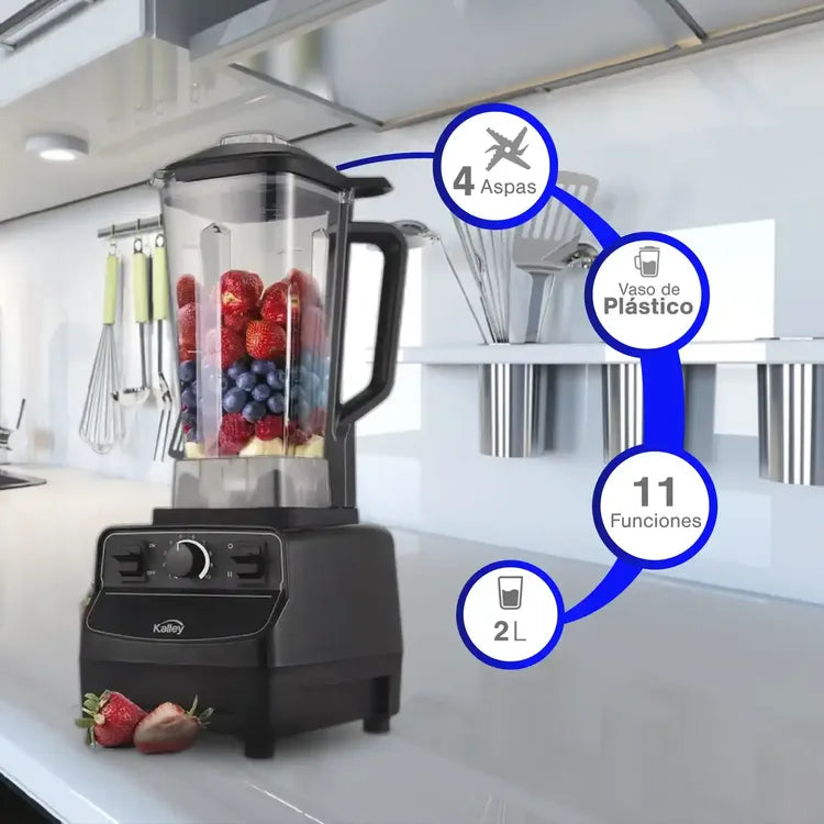 Licuadora KALLEY K-LAP Max Blend negra de alta potencia 1500W, vaso plástico de 2 litros y 10 velocidades.