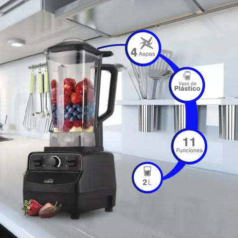 Licuadora KALLEY K-LAP Max Blend negra de alta potencia 1500W, vaso plástico de 2 litros y 10 velocidades.