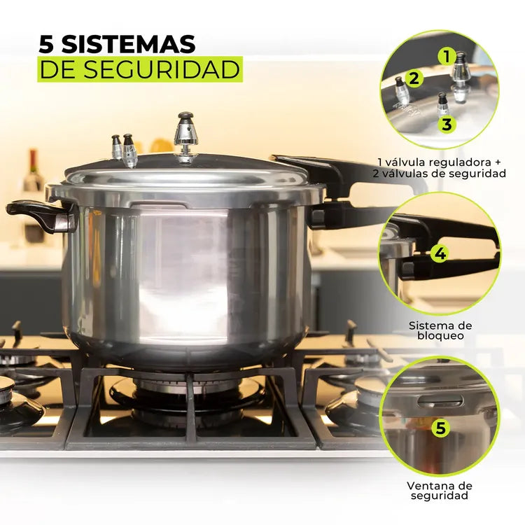 Olla a presión KALLEY 11 Litros con cierre externo, aluminio resistente, asas anticalor y vaporera incluida para grandes preparaciones.