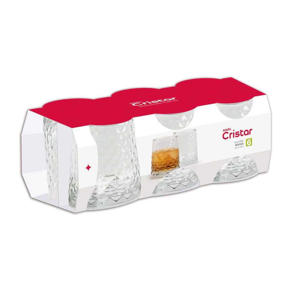 Vaso cairo rocks bajo facetado de 310 ml con patrón tipo diamante y base gruesa, ideal para servir whisky, cocteles o bebidas cortas con estilo sofisticado