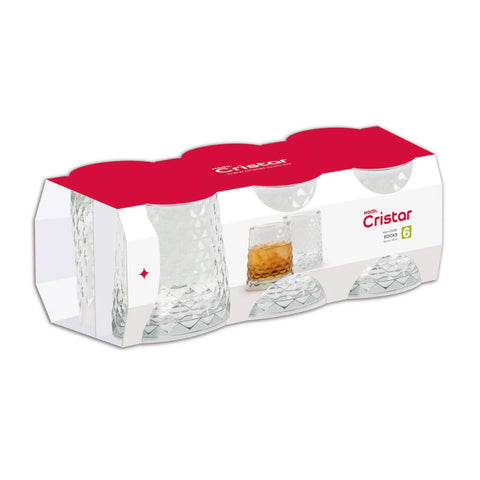 Vaso cairo rocks bajo facetado de 310 ml con patrón tipo diamante y base gruesa, ideal para servir whisky, cocteles o bebidas cortas con estilo sofisticado