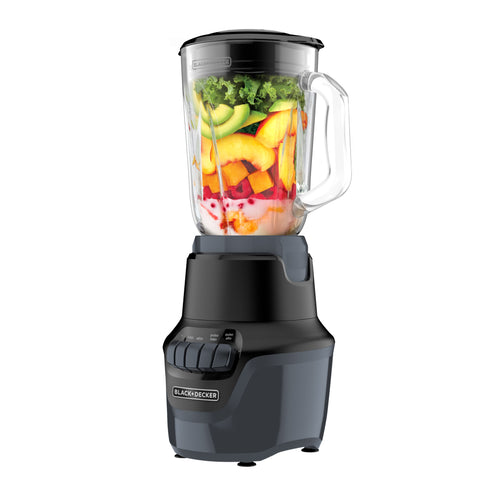 Licuadora BLACK+DECKER Helix Negra de 800W con jarra de vidrio de 1.5L, 4 velocidades, función de pulso y tecnología PerfectPour™.