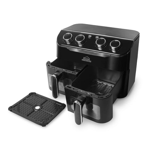 Freidora de Aire Home Elements de 8 litros con doble canastilla, luz interna, control de temperatura independiente y diseño antiadherente para preparaciones saludables.