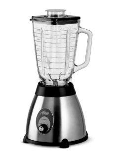 Licuadora Altezza Essential 500W con vaso de vidrio de 1.25L, base de acero inoxidable y cuchilla desmontable de 4 aspas.