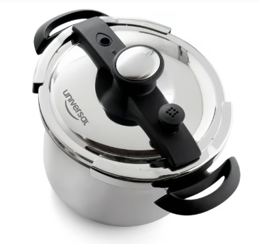 Olla a presión Easy Click de 6 litros Universal, con cierre externo en acero inoxidable y tapa de vidrio adicional.