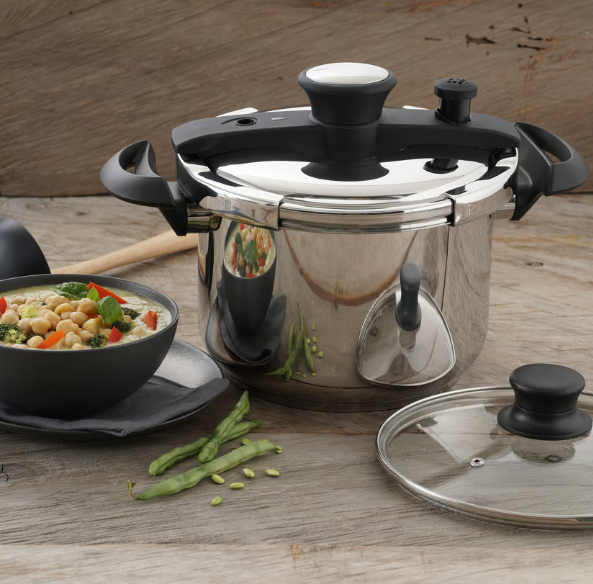 Olla a presión Easy Click de 6 litros Universal, con cierre externo en acero inoxidable y tapa de vidrio adicional.