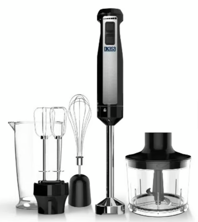 Batidora Premium Multi Mixer de Inmersión Dkasa, 400 watts, con accesorios: vaso de 800 ml, tazón de 500 ml y batidores en acero inoxidable.