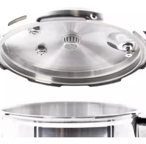 Olla a Presión Cierre Externo 4,2 Litros Home Elements, apta para estufas eléctricas y a gas, con accesorios resistentes al calor.